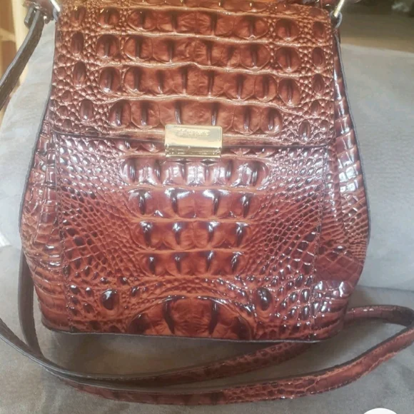Brahmin Cognac Brown Croc-Embossed Leather Crossbody with Gold-Tone Lock
